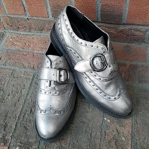 Gunmetal metallic leather wingtip oxfords